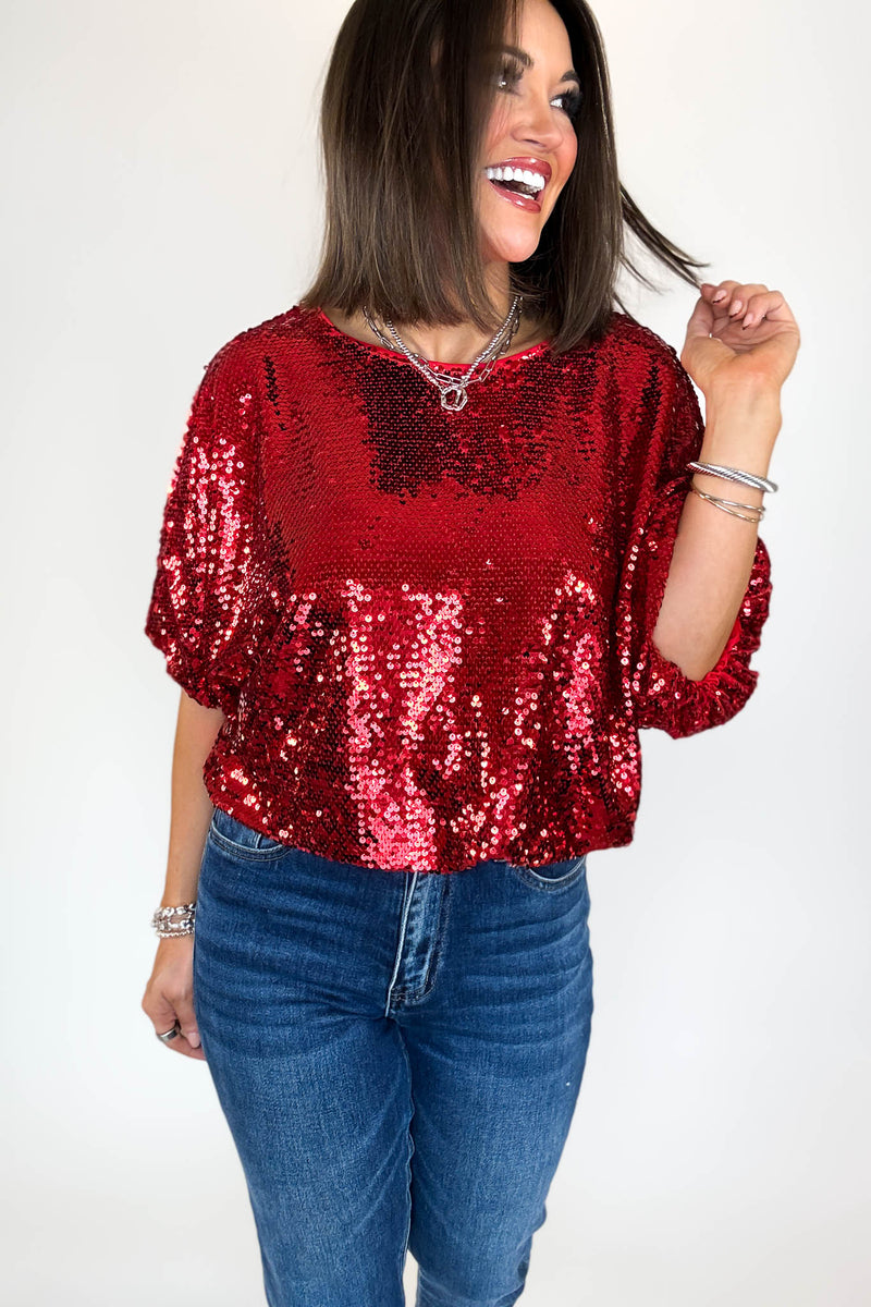 Red Cap Sleeve Sequin Top