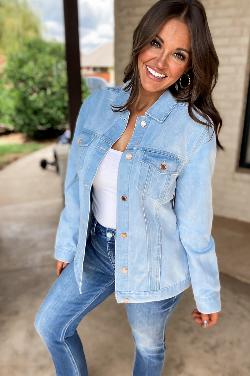 On The Patio Light Stone Wash Oversized Denim Jacket