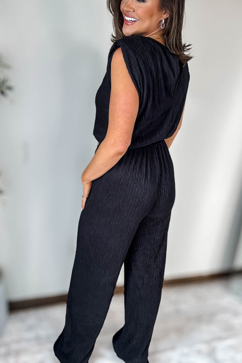 Crinkled Black Plisse Belt Tie Shoulder Pads Jumpsuit