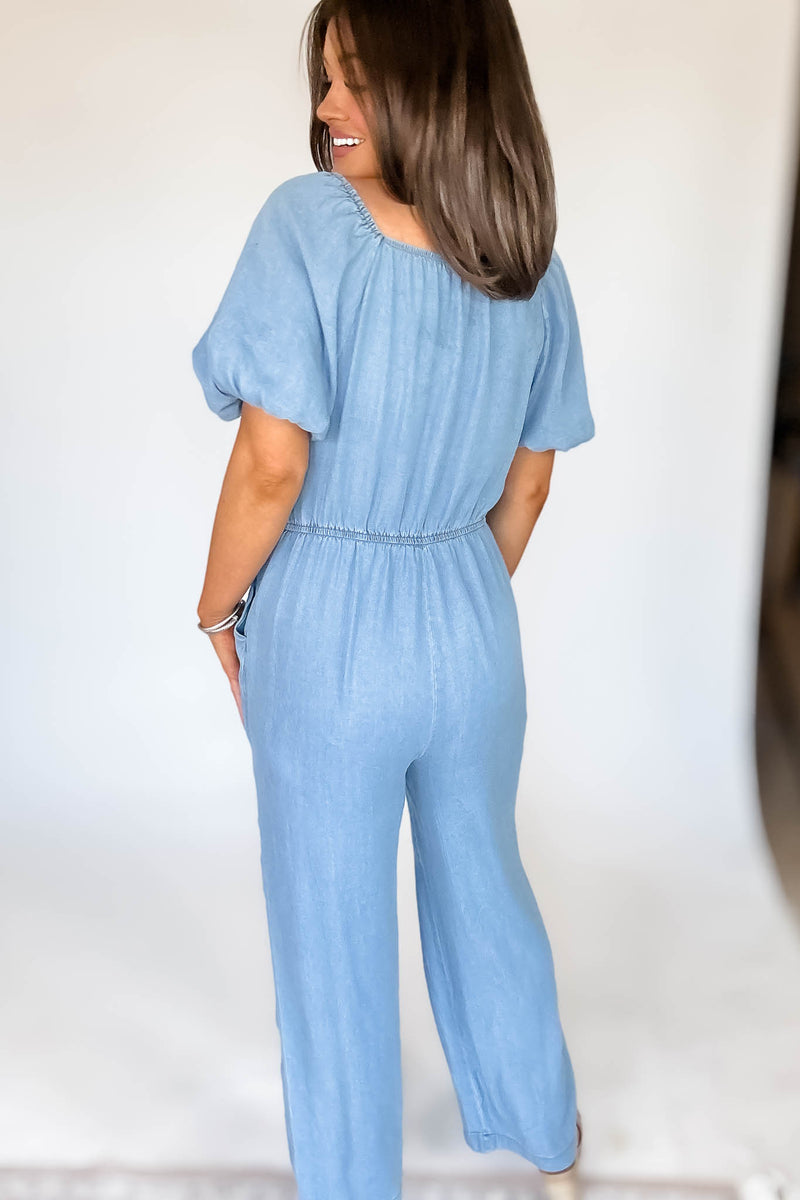 PUFF SLEEVE SMOCK WIDE LEG CHAMBRAY JUMPSUIT