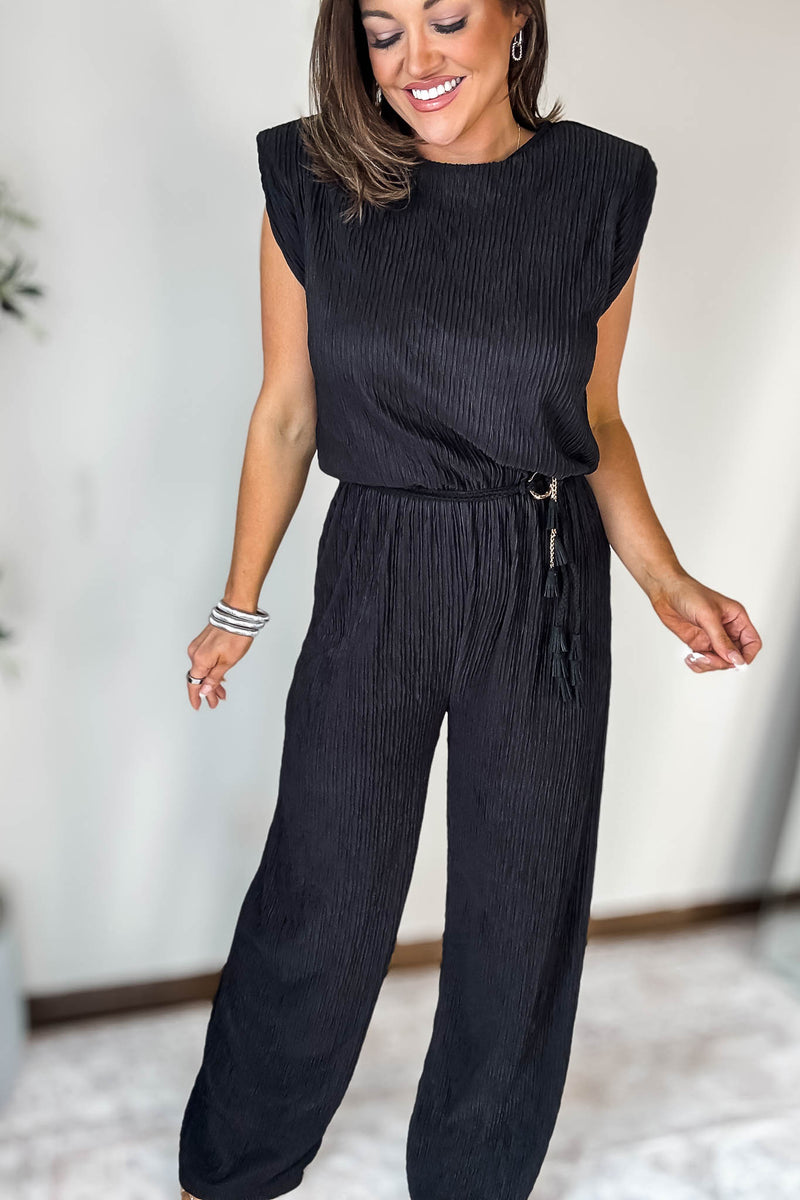 Crinkled Black Plisse Belt Tie Shoulder Pads Jumpsuit