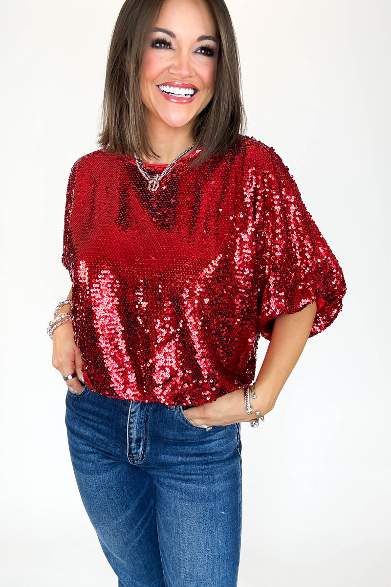 Red Cap Sleeve Sequin Top