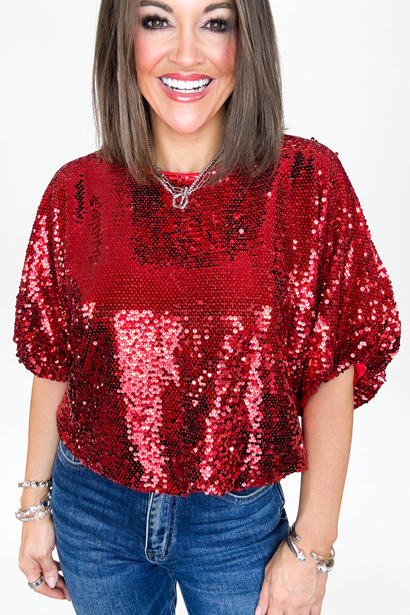 Red Cap Sleeve Sequin Top