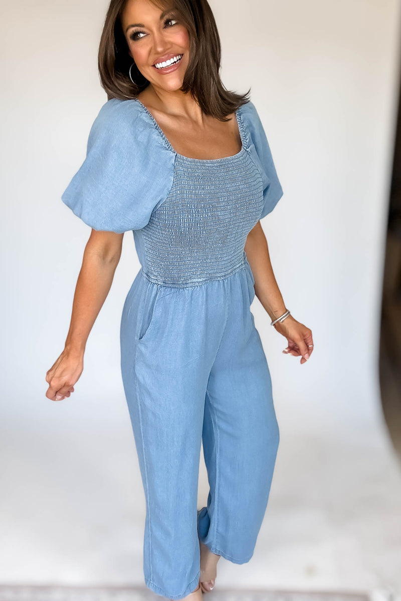PUFF SLEEVE SMOCK WIDE LEG CHAMBRAY JUMPSUIT