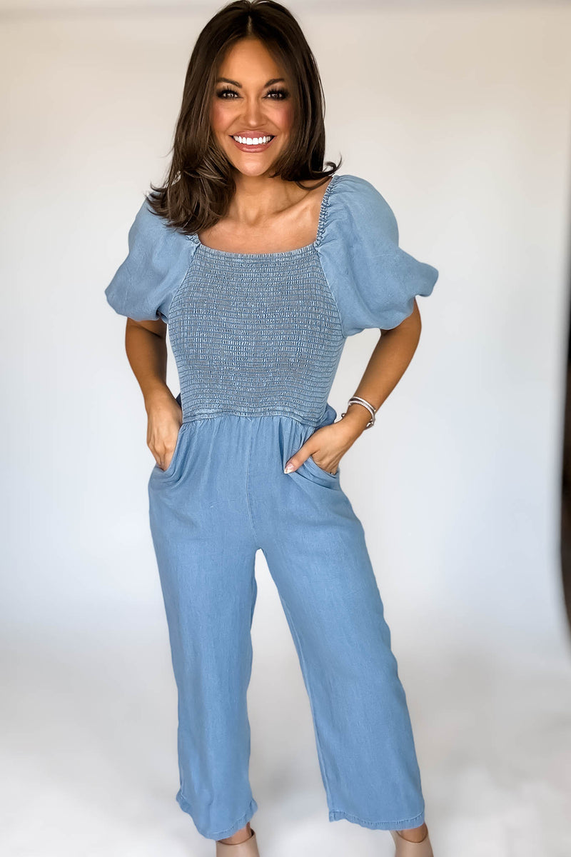 PUFF SLEEVE SMOCK WIDE LEG CHAMBRAY JUMPSUIT