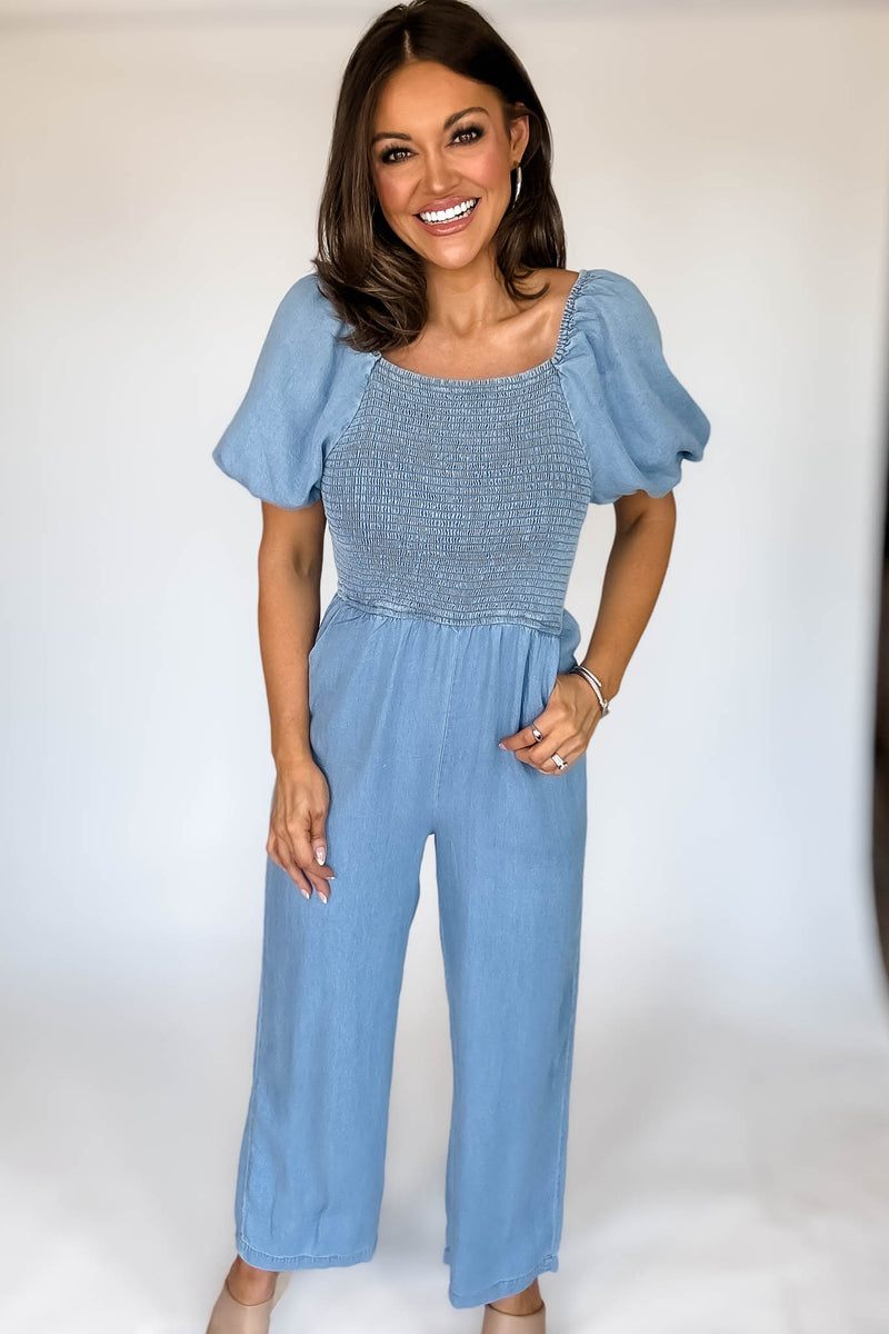 PUFF SLEEVE SMOCK WIDE LEG CHAMBRAY JUMPSUIT