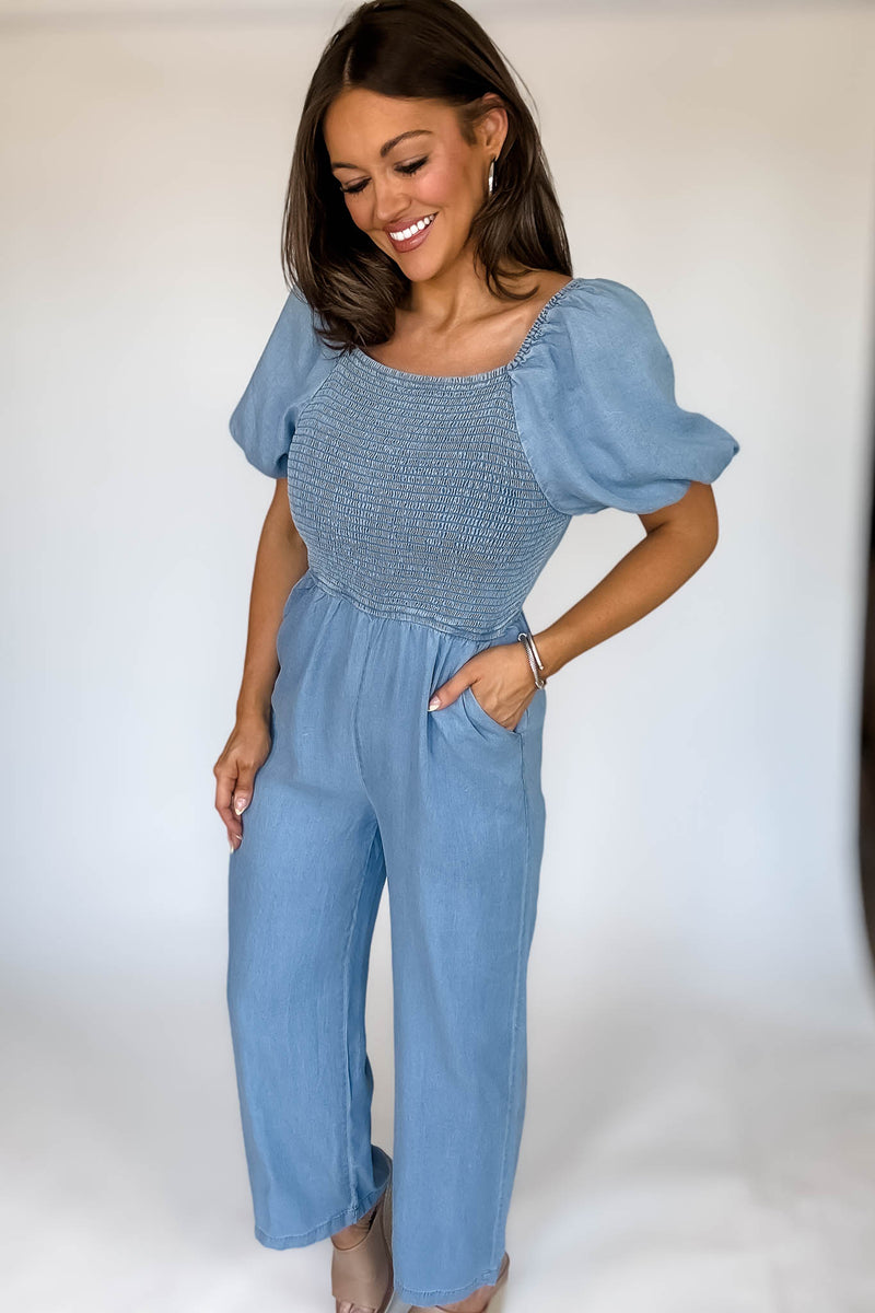 PUFF SLEEVE SMOCK WIDE LEG CHAMBRAY JUMPSUIT
