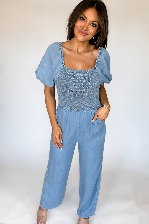 PUFF SLEEVE SMOCK WIDE LEG CHAMBRAY JUMPSUIT
