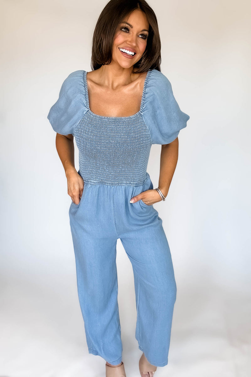 PUFF SLEEVE SMOCK WIDE LEG CHAMBRAY JUMPSUIT