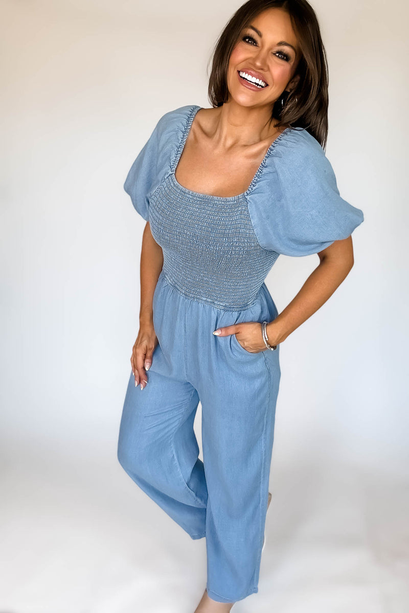 PUFF SLEEVE SMOCK WIDE LEG CHAMBRAY JUMPSUIT