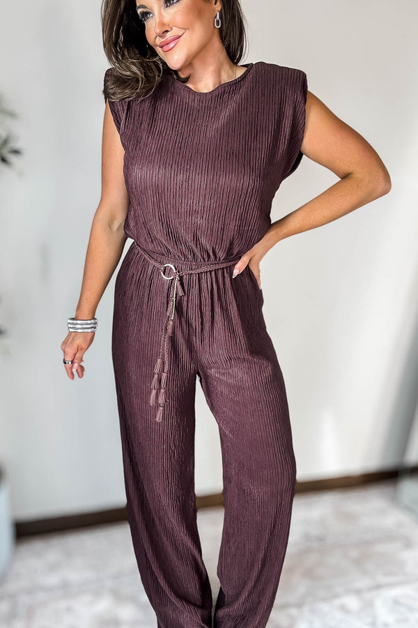 Crinkled Espresso Plisse Belt Tie Shoulder Pads Jumpsuit