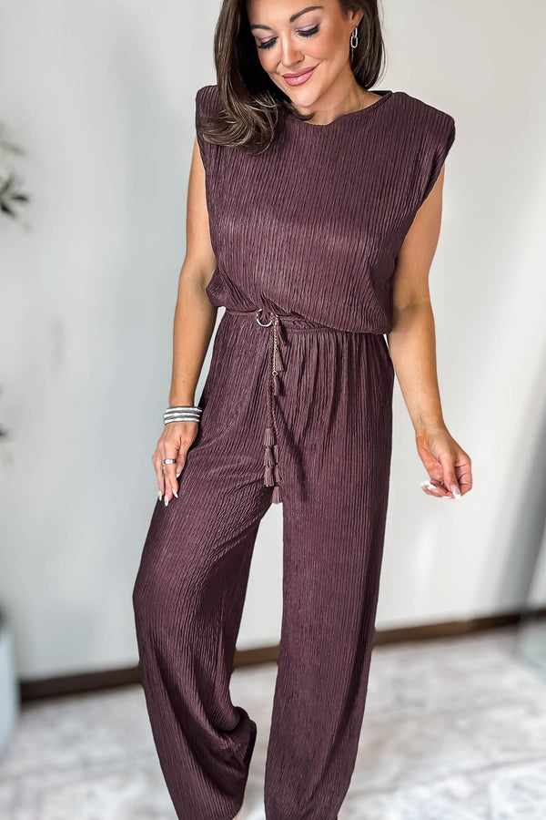 Crinkled Espresso Plisse Belt Tie Shoulder Pads Jumpsuit