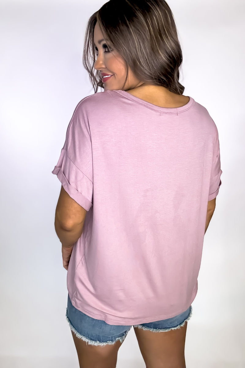 Casual V-Neck Dusty Pink Knit Jersey Single Chest Pocket Top