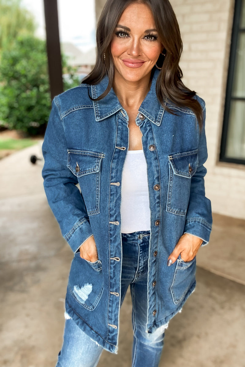 Thankful Medium Denim Sherpa Lined Button Front Jacket