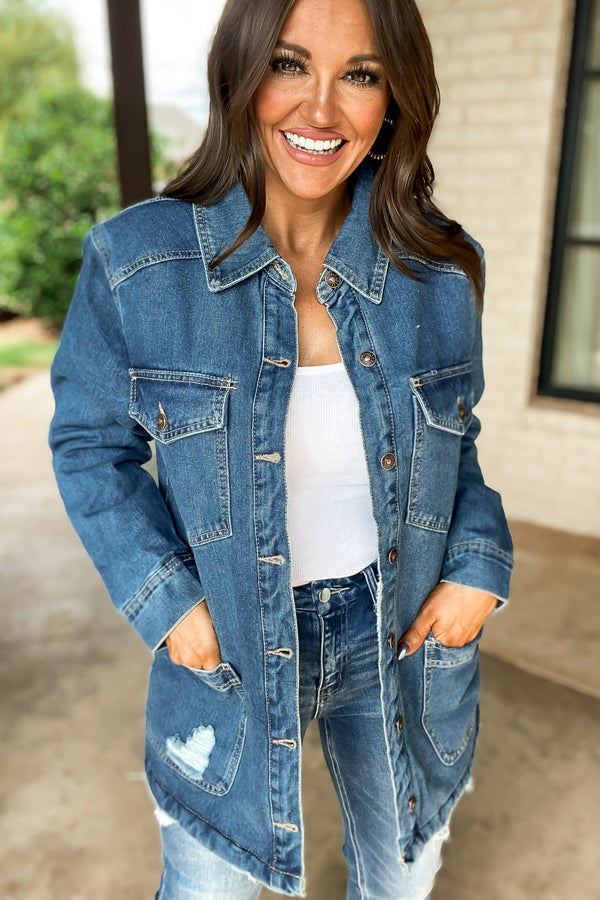 Thankful Medium Denim Sherpa Lined Button Front Jacket