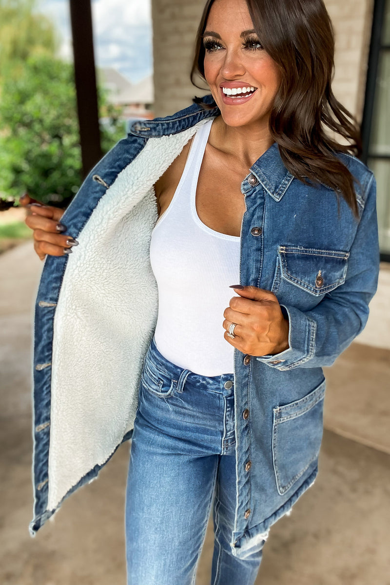 Thankful Medium Denim Sherpa Lined Button Front Jacket