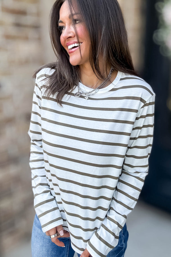Without A Doubt Ivory And Olive Round Neck Stripe Long Sleeve Tee
