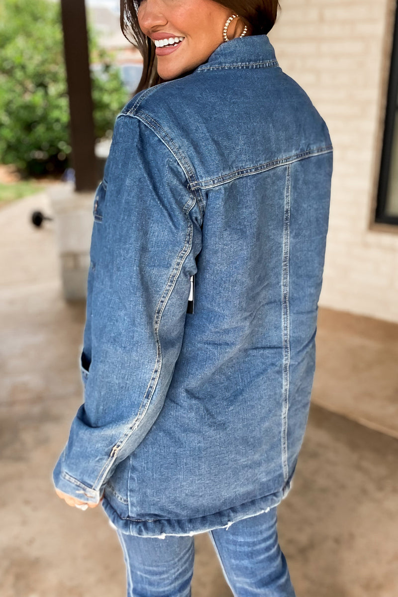 Thankful Medium Denim Sherpa Lined Button Front Jacket