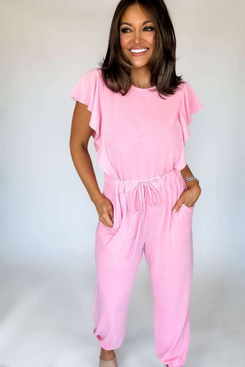 Pink Ruffle Sleeve Jogger Jumpsuit