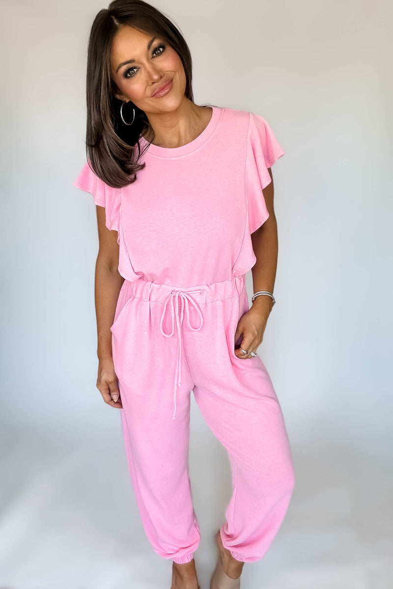 Pink Ruffle Sleeve Jogger Jumpsuit