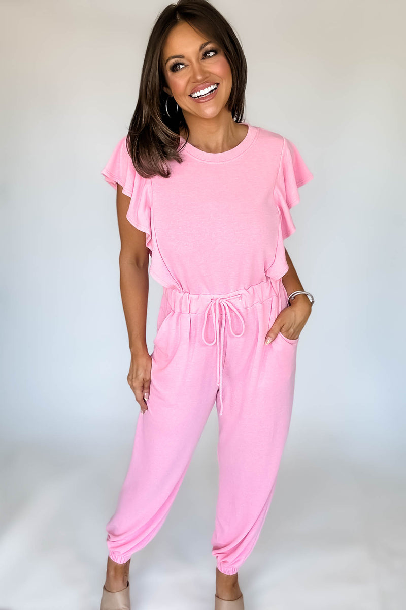 Pink Ruffle Sleeve Jogger Jumpsuit