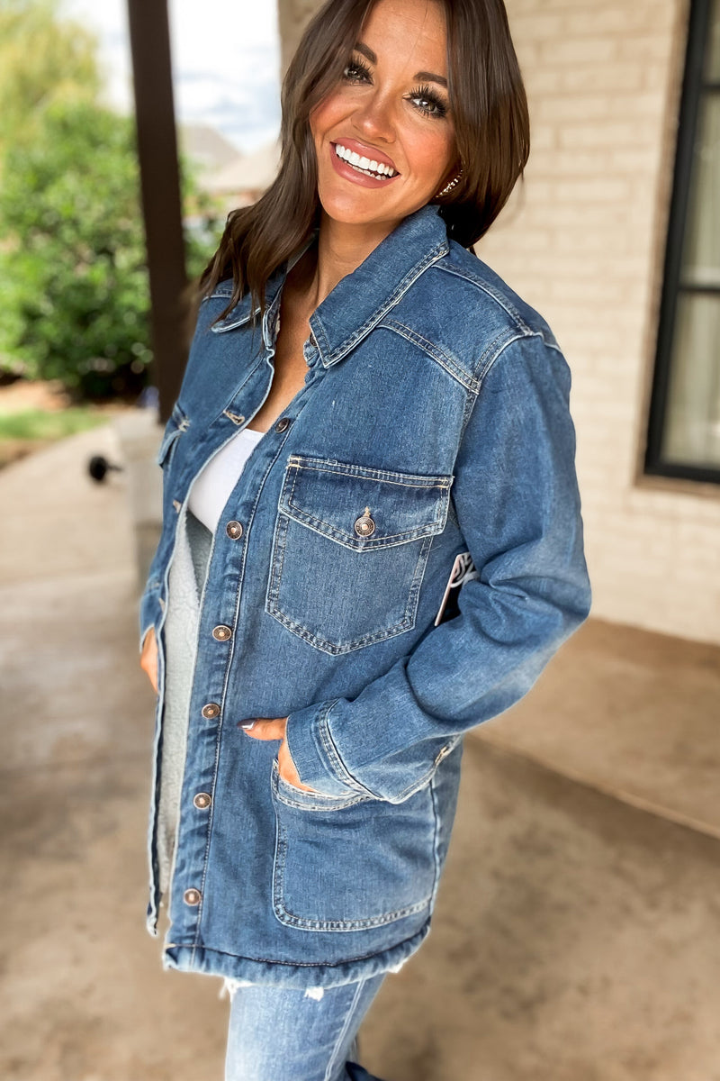 Thankful Medium Denim Sherpa Lined Button Front Jacket