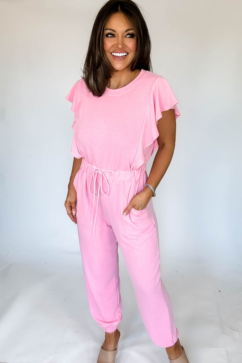 Pink Ruffle Sleeve Jogger Jumpsuit