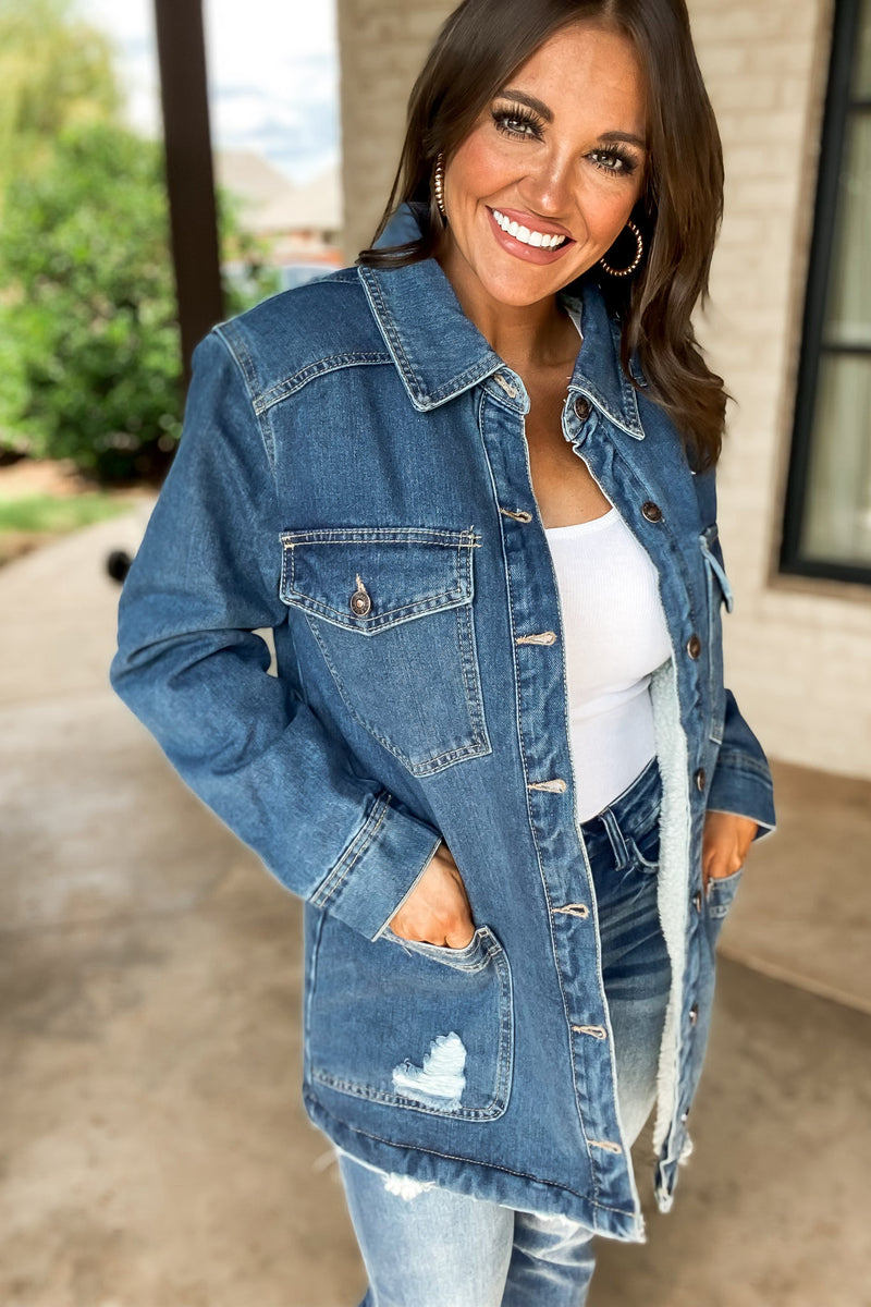 Thankful Medium Denim Sherpa Lined Button Front Jacket