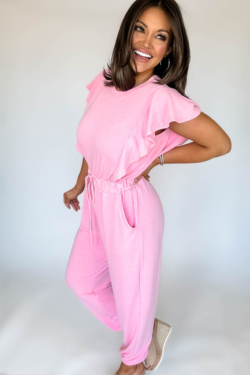 Pink Ruffle Sleeve Jogger Jumpsuit