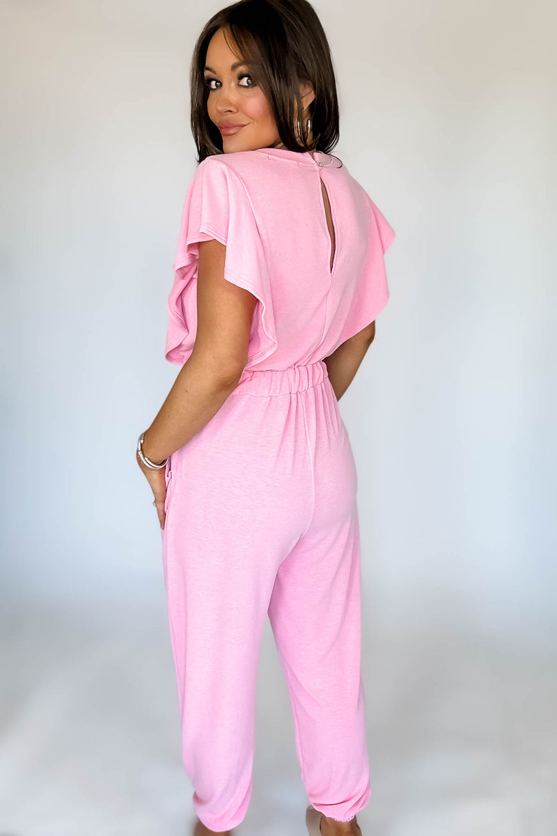 Pink Ruffle Sleeve Jogger Jumpsuit
