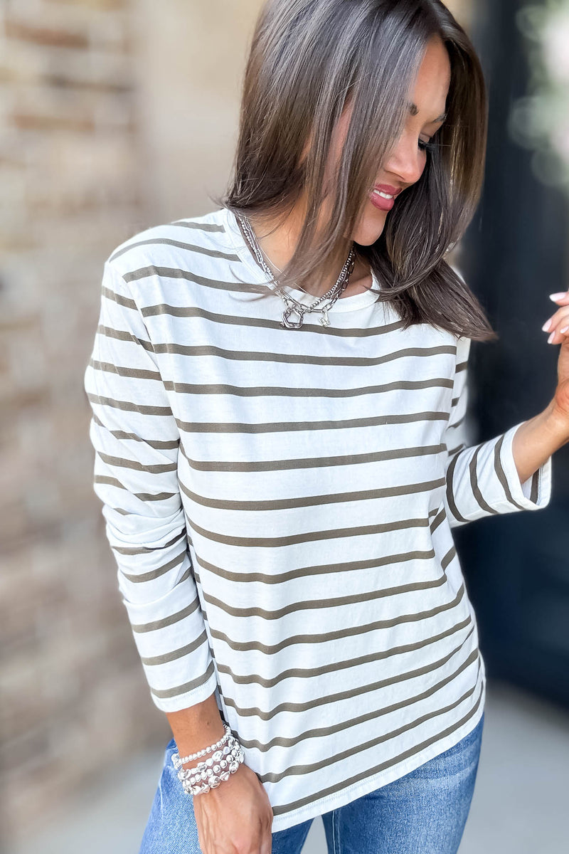 Without A Doubt Ivory And Olive Round Neck Stripe Long Sleeve Tee