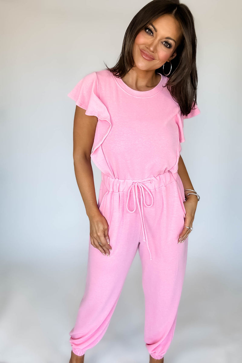 Pink Ruffle Sleeve Jogger Jumpsuit