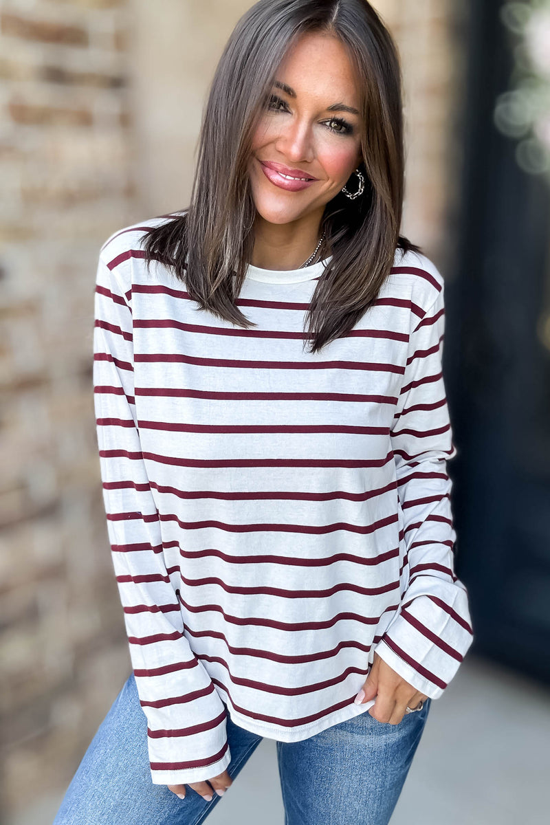 Without A Doubt Ivory And Wine Round Neck Stripe Long Sleeve Tee