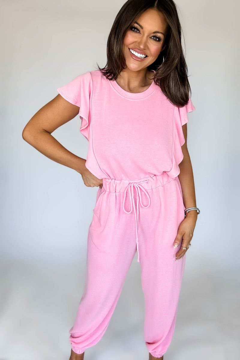 Pink Ruffle Sleeve Jogger Jumpsuit