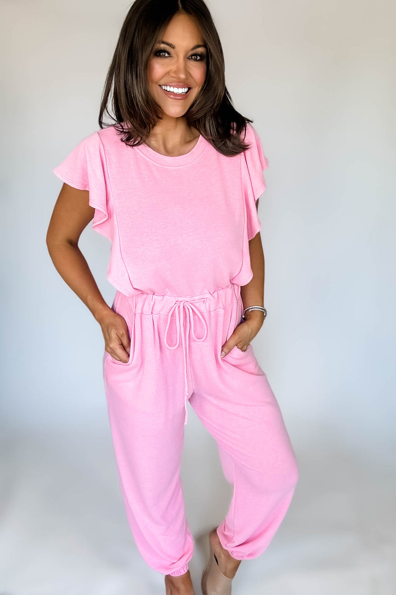 Pink Ruffle Sleeve Jogger Jumpsuit