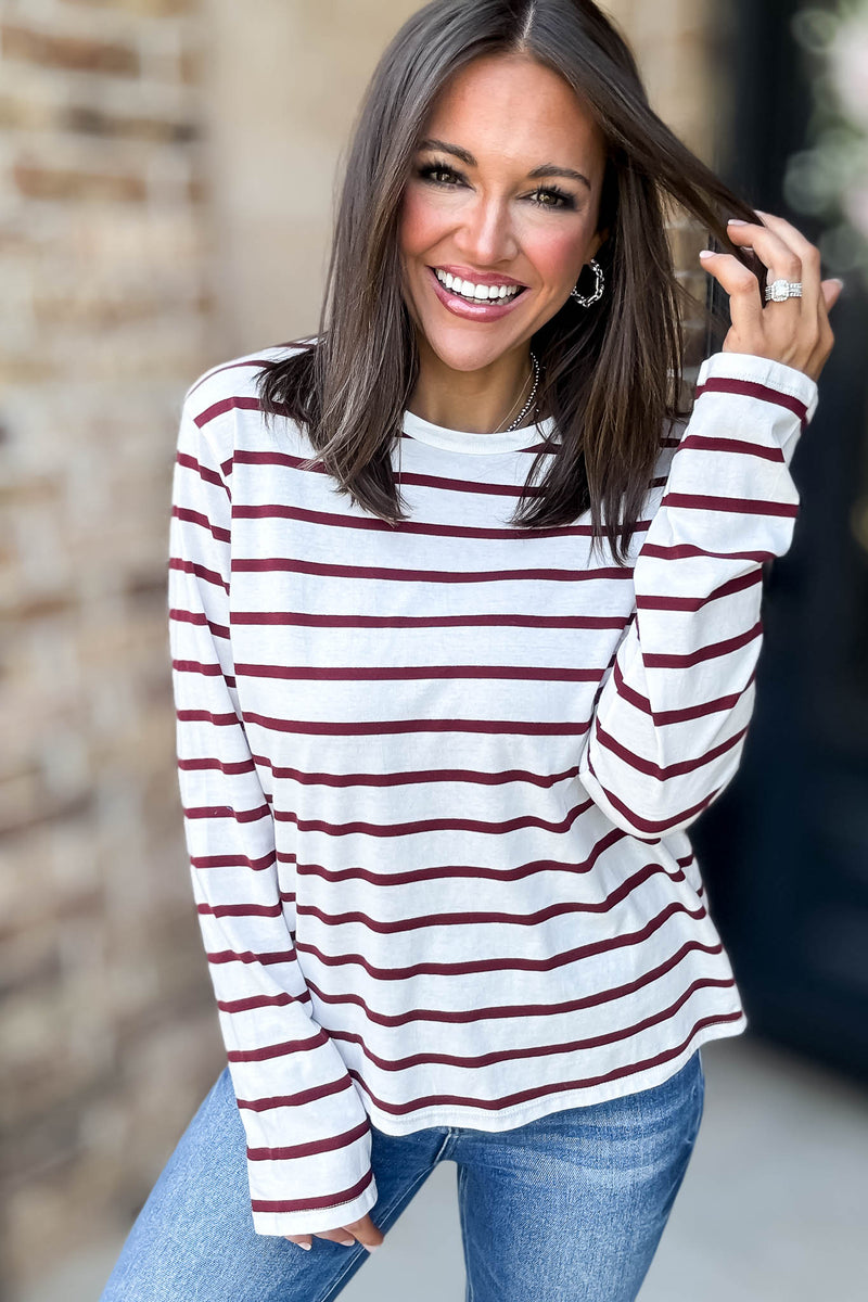 Without A Doubt Ivory And Wine Round Neck Stripe Long Sleeve Tee