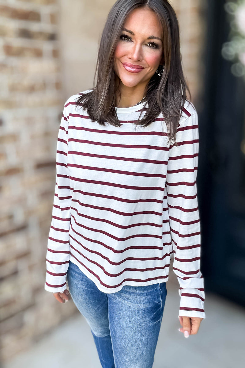 Without A Doubt Ivory And Wine Round Neck Stripe Long Sleeve Tee