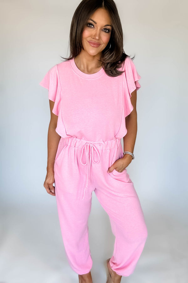 Pink Ruffle Sleeve Jogger Jumpsuit