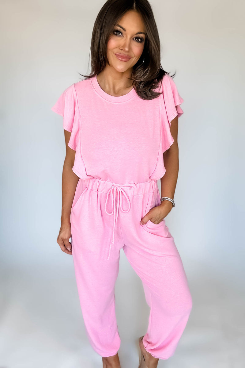 Pink Ruffle Sleeve Jogger Jumpsuit