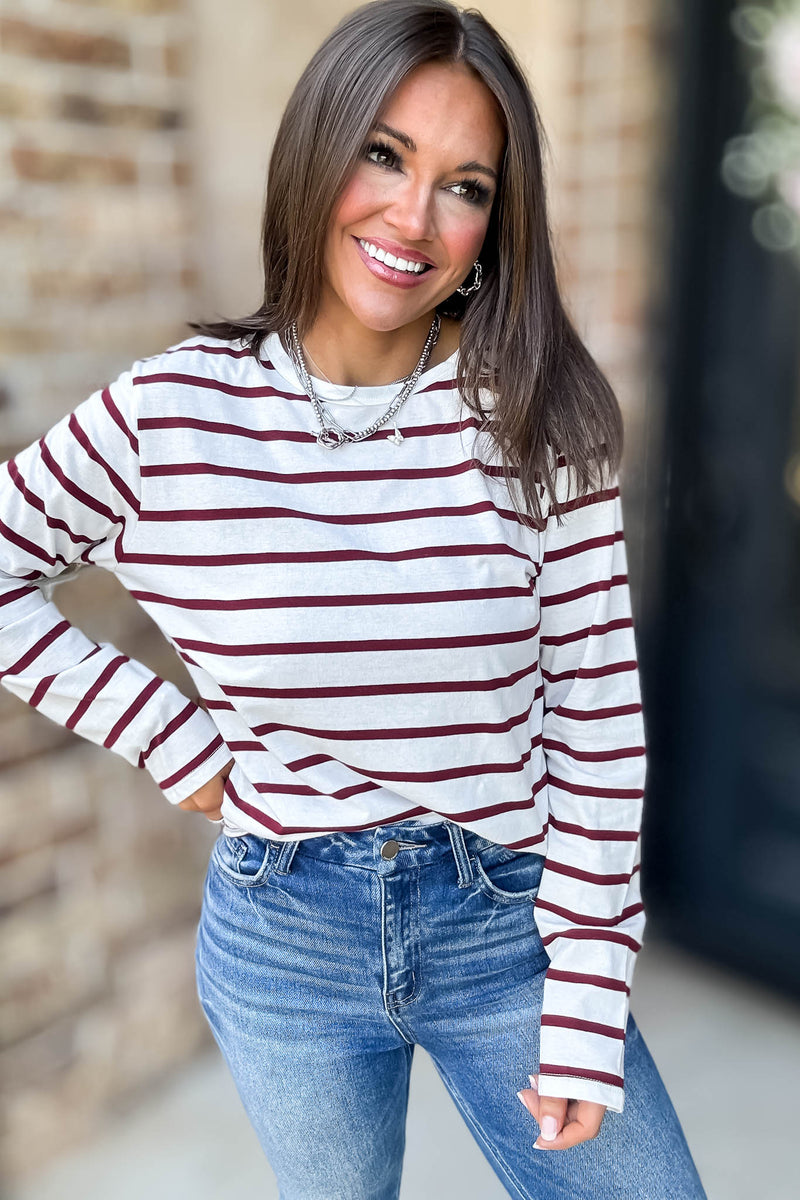 Without A Doubt Ivory And Wine Round Neck Stripe Long Sleeve Tee