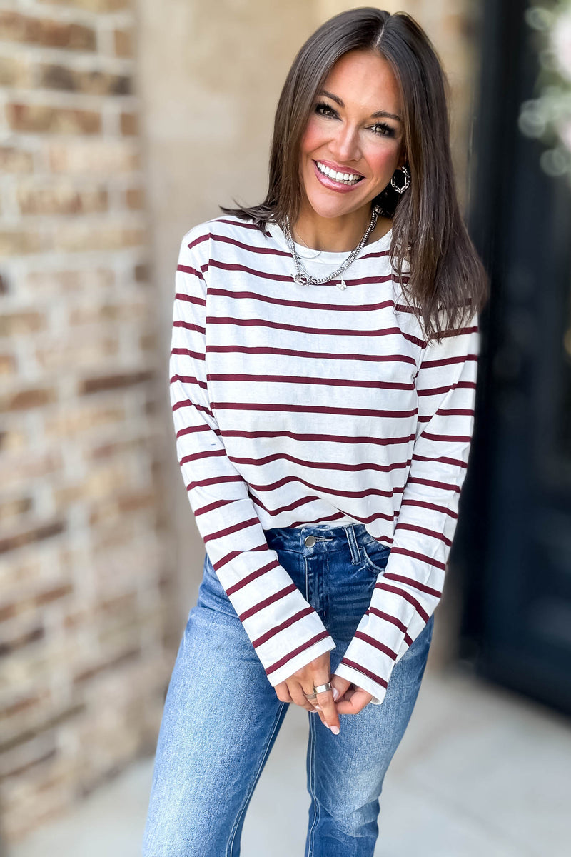 Without A Doubt Ivory And Wine Round Neck Stripe Long Sleeve Tee