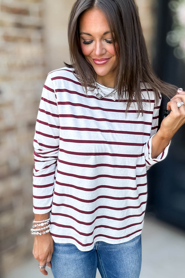 Without A Doubt Ivory And Wine Round Neck Stripe Long Sleeve Tee