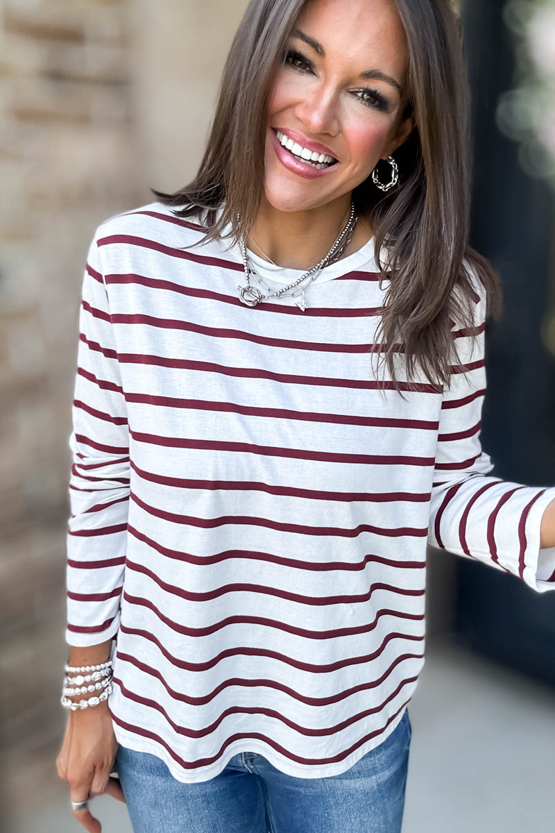 Without A Doubt Ivory And Wine Round Neck Stripe Long Sleeve Tee