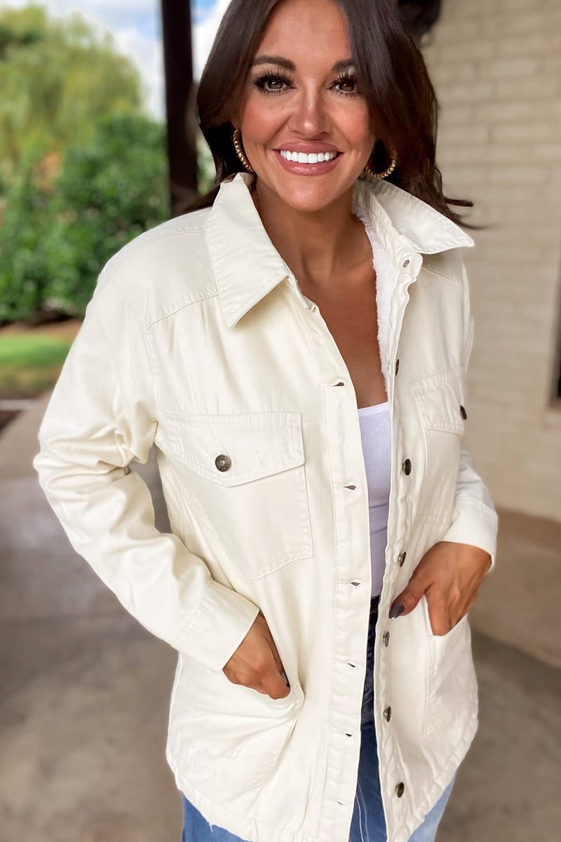 Thankful Cream Sherpa Lined Button Front Jacket