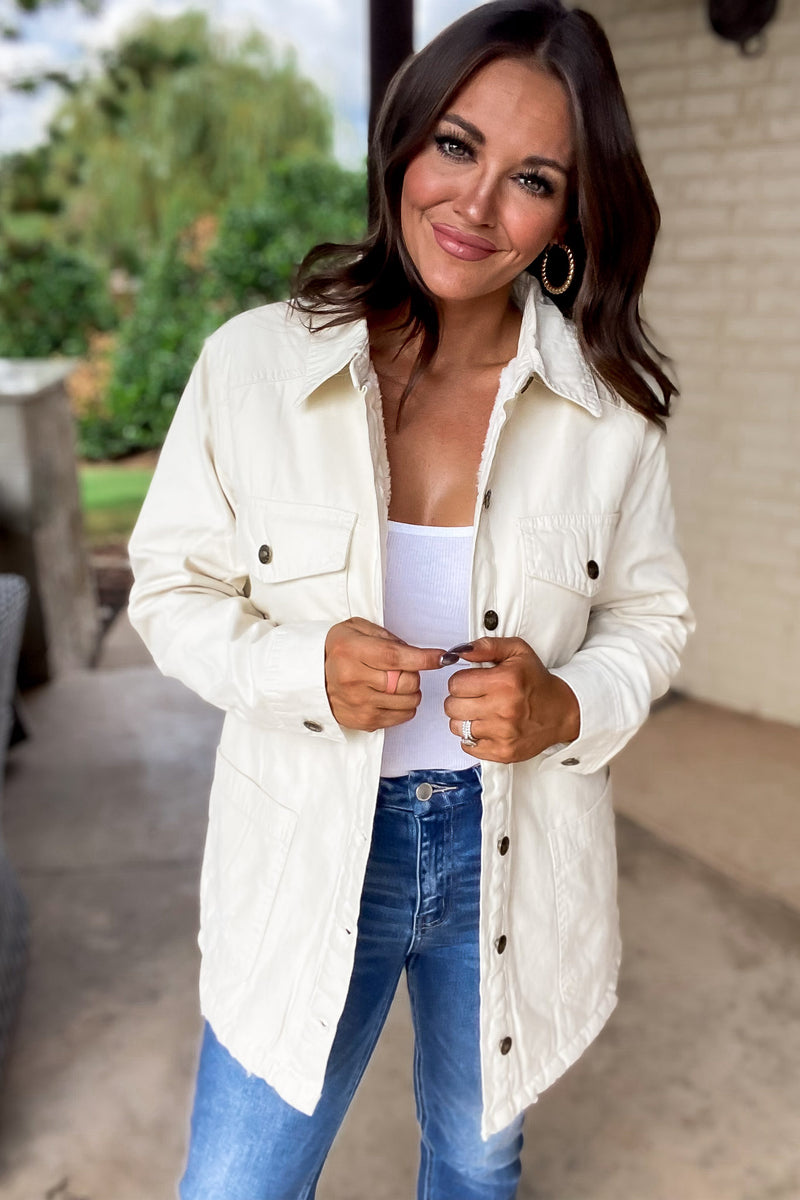Thankful Cream Sherpa Lined Button Front Jacket