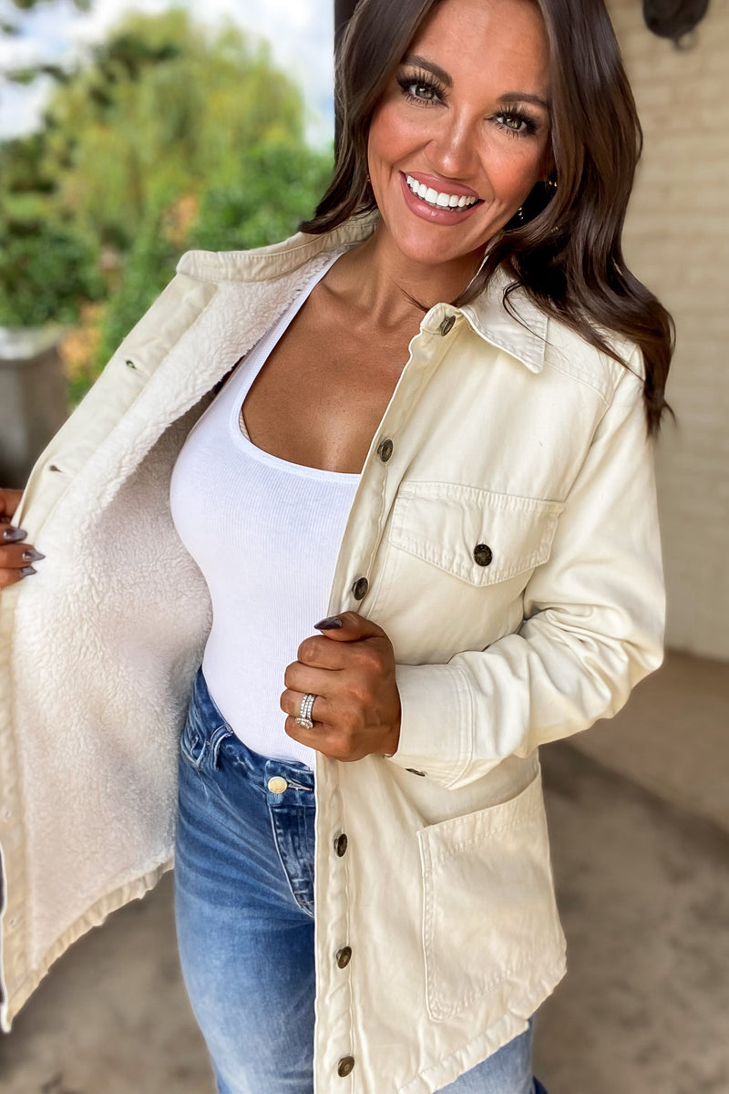 Thankful Cream Sherpa Lined Button Front Jacket
