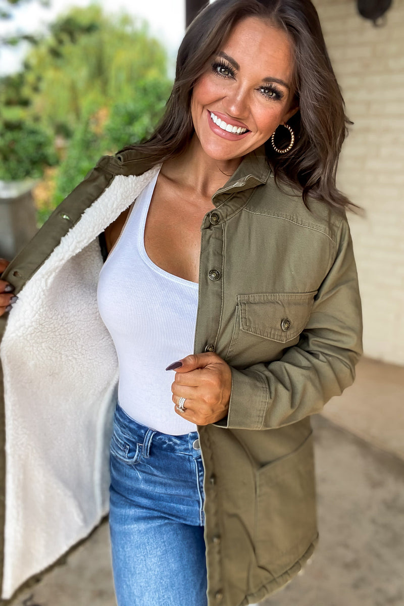 Thankful Army Green Sherpa Lined Button Front Jacket