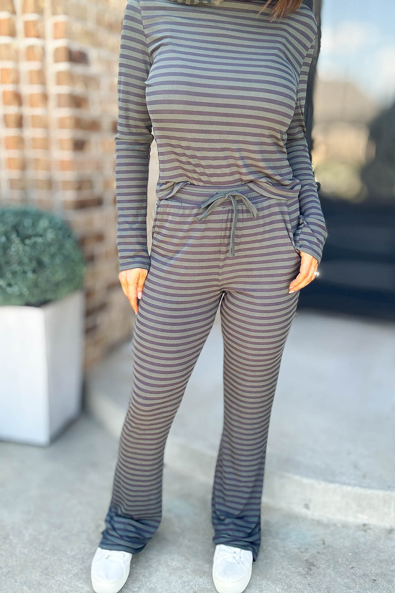 Navy And Hunter Soft Modal Striped Pants With Drawstring
