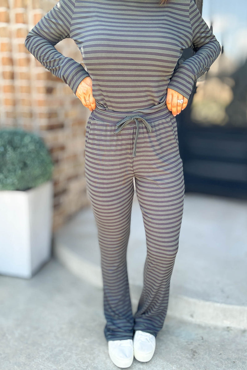 Navy And Hunter Soft Modal Striped Pants With Drawstring