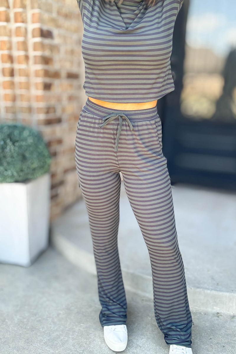 Navy And Hunter Soft Modal Striped Pants With Drawstring